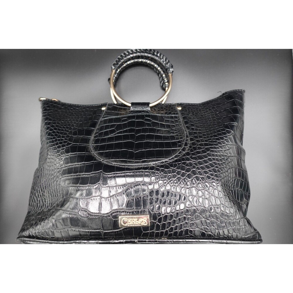 Carlos Santana Faux Leather Black Long Strap Round Handles Tote Hand Bag Purse